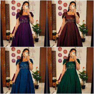 Vichitra Blooming Handwork Floor Length Gown with Double Sleeves