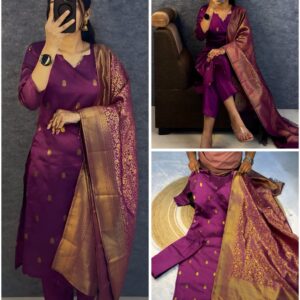 Women’s Banarasi Silk Zari Work Straight Kurta Pant & Dupatta Set