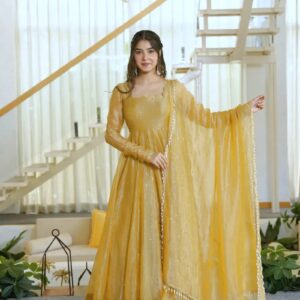 Designer Foil Work Salsa Silk Gown with Pant & Dupatta Set - Yellow