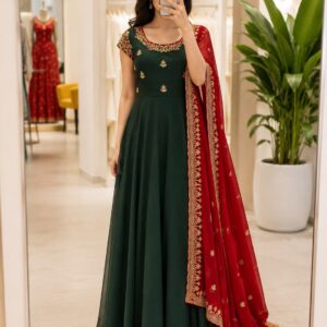 Premium Bottle Green Anarkali with Regal Red Dupatta
