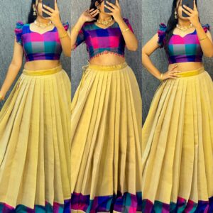 Women's Original Kerala Pattu Lehenga Set with Madras Cotton Silk Checked Blouse