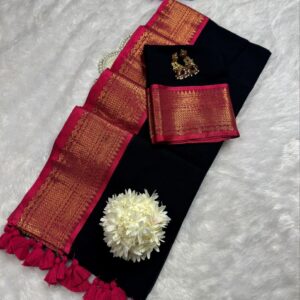 Elegant Black & Magenta Silk Saree with Zari Border & Tassel Detailing