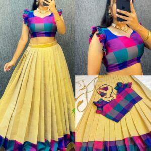 Women's Original Kerala Pattu Lehenga Set with Madras Cotton Silk Checked Blouse