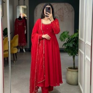 Red Fox Georgette Handwork Anarkali Suit Set with Dupatta & Palazzo