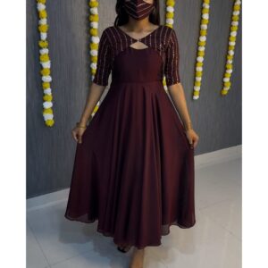 Premium Vichithra Silk Gown with Heavy Beaded Coat – 3 Way Styling ✨