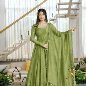 Designer Foil Work Salsa Silk Gown with Pant & Dupatta Set - Green