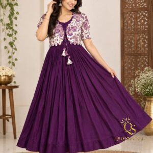 Premium Vichitra Pleated Gown with Floral Printed Jacket