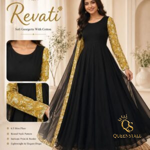 rich Anarkali with jet black solid base with striking printed accents