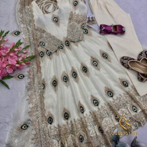 Exclusive Designer Fendy Silk Gown with Peacock Motif Sequin Embroidery & Heavy Embroidered Dupatta
